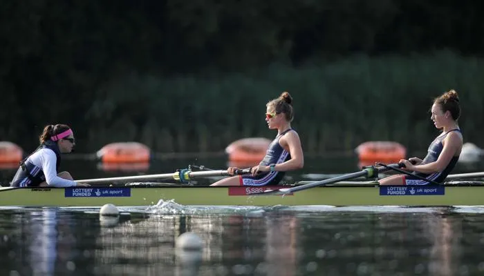 Matilda Horn far left, team gb rower centre, and Karen Bennett far right, rowing in eight boat