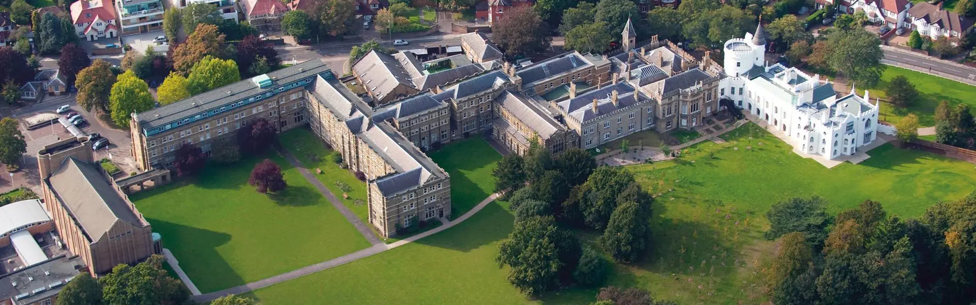 Aerial view of St Mary's University campus and surrounding playing fields.
