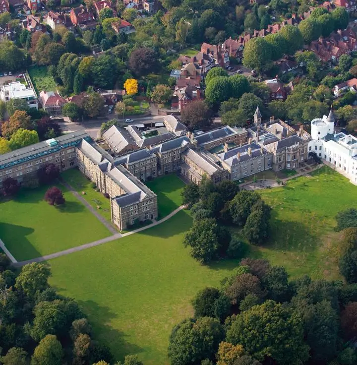 Aerial view of St Mary's University campus and surrounding playing fields.